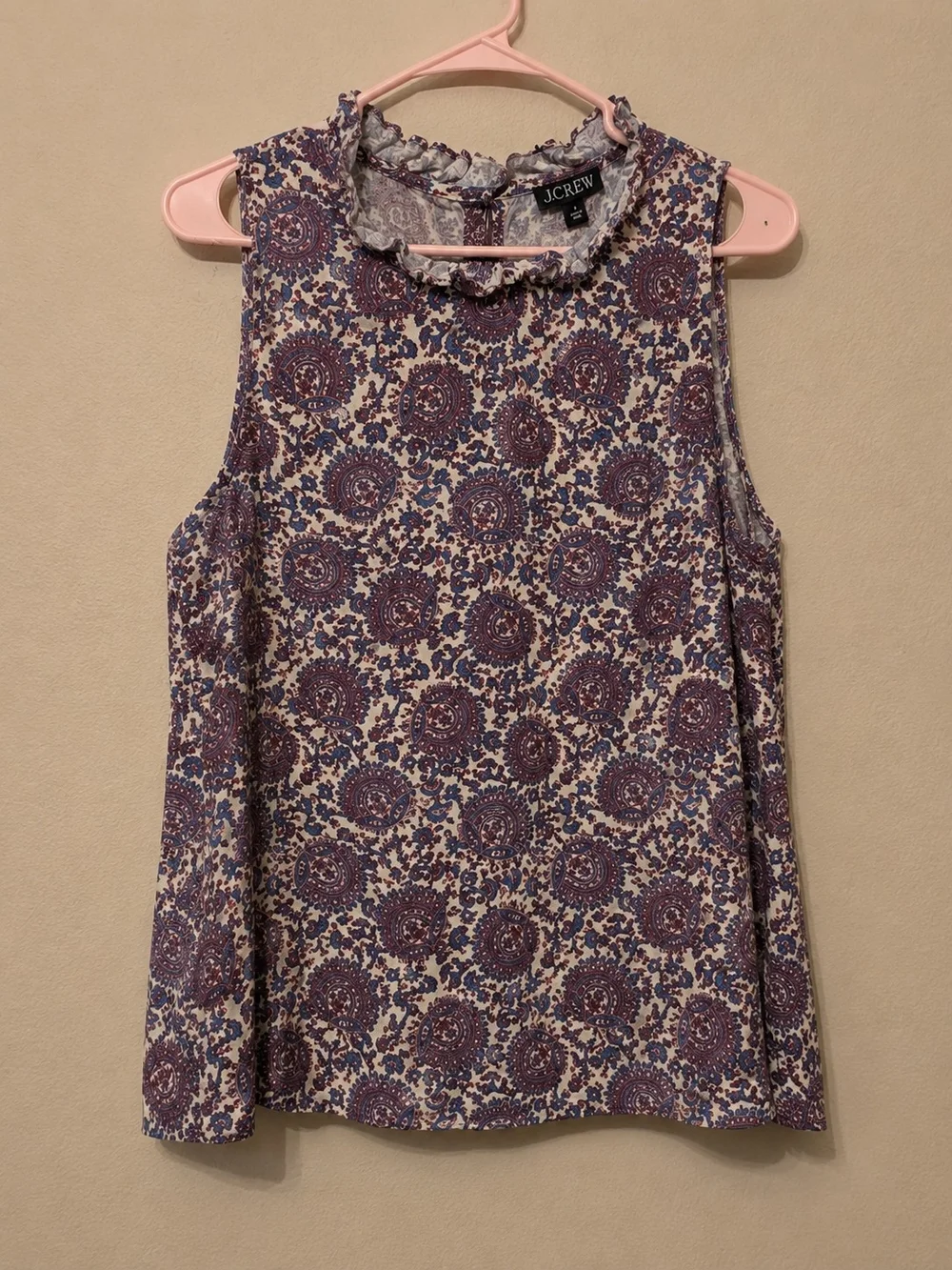 J.Crew Sleeveless Ruffled Neck Floral Medallion Top in Lavender and Cream